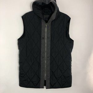 Jake*s Mens Quilted Vest Black Gray Zipper Up Hooded Waist Length L